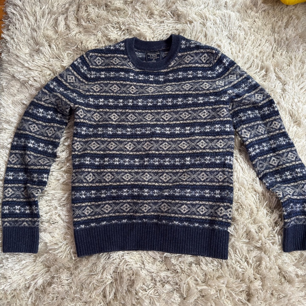 Abercrombie & Fitch Fair Isle Sweater M Navy Cream Nordic Crewneck Knit Pullover